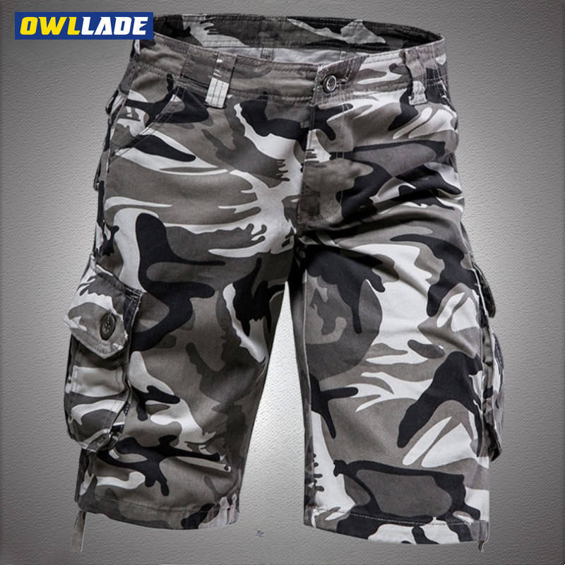 OWLLADE กางเกงขาสั้นcargoลำลองสำหรับผู้ชาย S8CS สีเทา Camo ผ้าฝ้าย 100% J10 2T