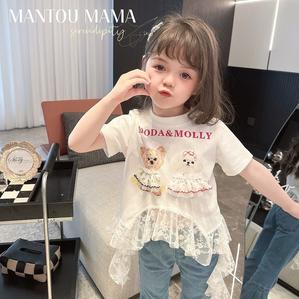 เด็กเด็กเสื้อผ้าสาว2025 ฤดูร้อนรูปแบบใหม่การ์ตูนลูกสุนัขลูกไม้ริบบิ้นแขนสั้นเวอร์ชั่นเกาหลีแฟชั่นเสื้อยืด❤6.18❤