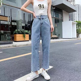 🌷👖MKL👖🌷 กางเกงยีนส์ขายาว ทรงกระบอก เอวสูง ปลายขารุ่ย กางเกงยีนส์ขายาวผู้หญิง 🔥⚡ #8058