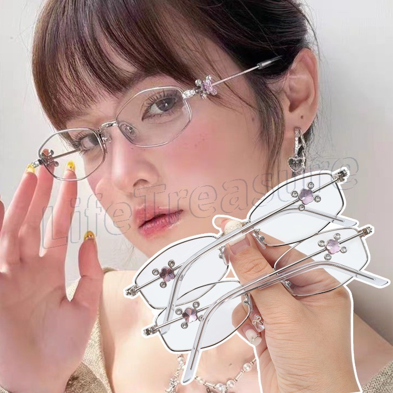 แว่นตา พลอยเทียม สีชมพู-สําหรับผู้หญิงสาวสวมใส่ทุกวัน-โลหะตารางกรอบแว่นตา-แสงแบน,ป้องกันดวงตา-แฟชั่น,วินเทจ,หรูหรา