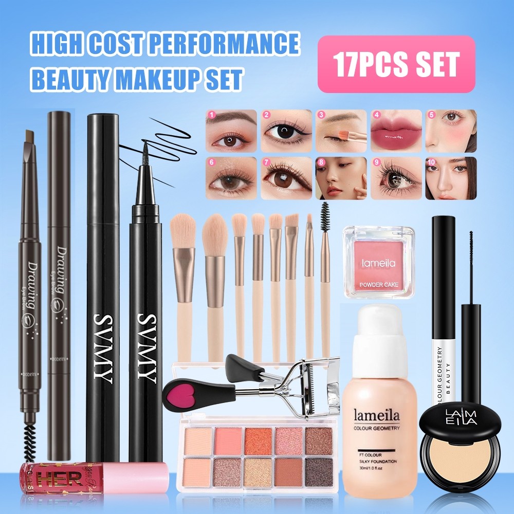 ส่งฟรี/ส่งไว เซตแต่งหน้า Make Up Set 17 ชิ้น เซตเครื่อง​ส​ำ​อา​งค์ อายไลเนอร์ มาสคาร่า คิ้ว คอนทัวร์ ลิป รองพื้น