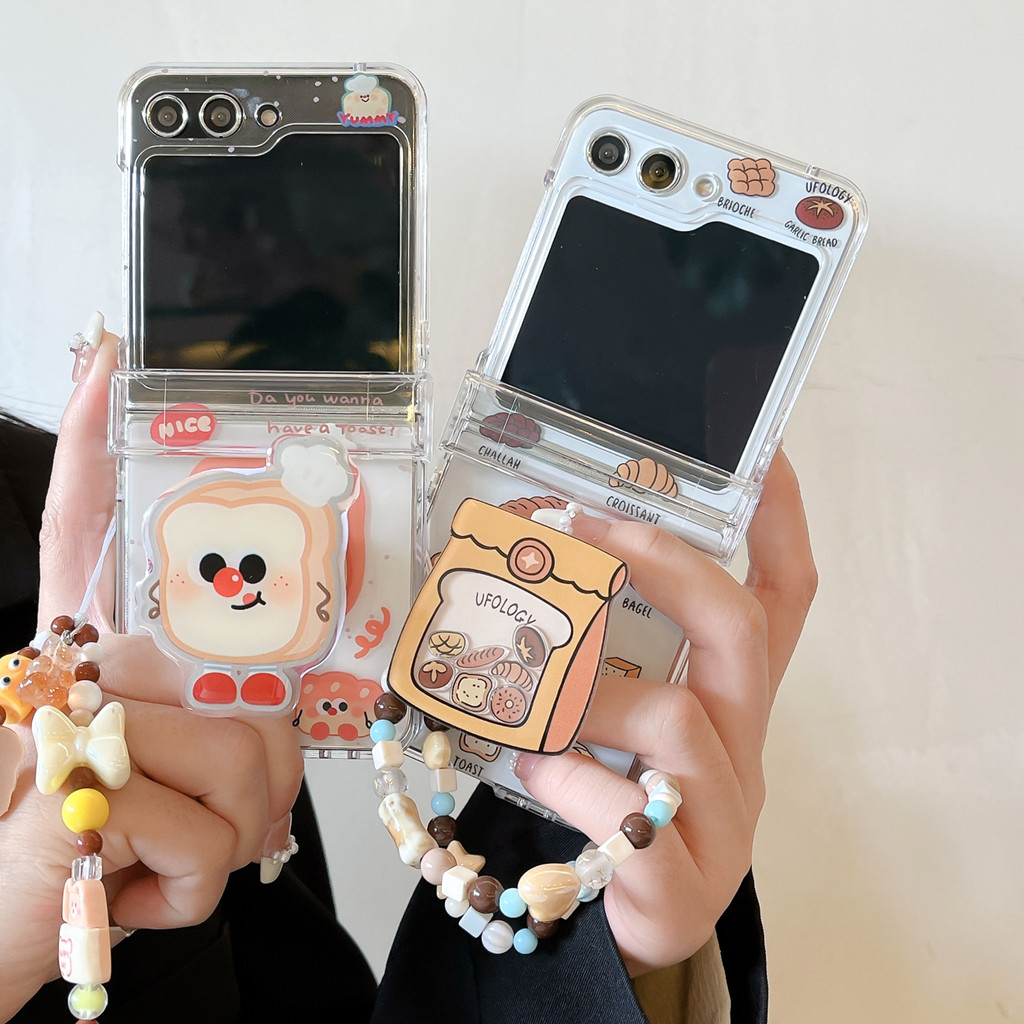 Flip7 Samsung Galaxy Z Flip6 3in1 กรณีน่ารักการ์ตูนขนมปังผู้ถือเขย่าโซ่กรณี Samsung Galaxy Z Flip 5 Flip 4 5G hard กันกระแทกโทรศัพท์ความคิดสร้างสรรค์ฝาครอบ