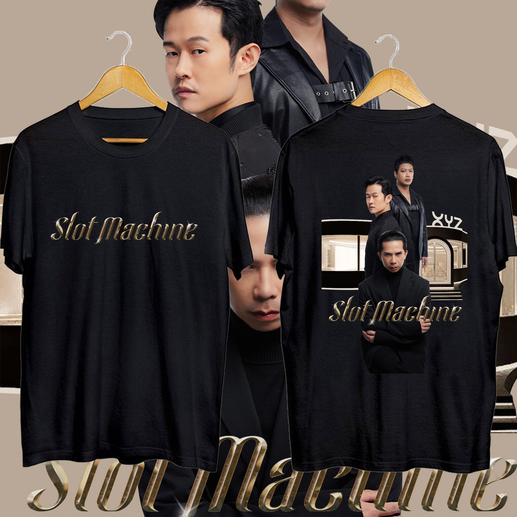 Slot Machine ดำ ขาว เสื้อยืดคอนเสิร์ตวงดนตรีไทย ผ้าฝ้ายแท้