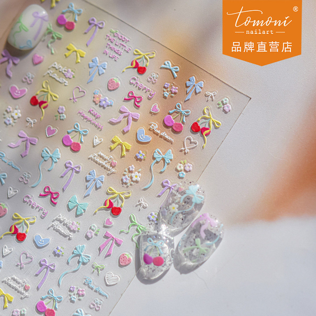 โทโมนิ สติ๊กเกอร์เล็บลายนูน สไตล์ INS วัสดุ สไตล์หวาน สติ๊กเกอร์เล็บโบว์สีชมพู