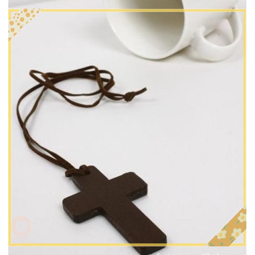 SGL สุภาพสตรี Retro ไม้จี้ไม้กางเขนสร้อยคอหนัง SGL