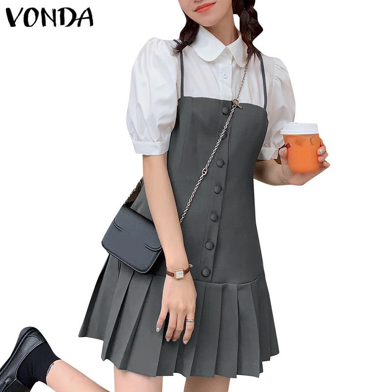 VONDA ผู้หญิงสาวเกาหลีหวานเท็จสองชิ้นปกพัฟแขนจีบชุด