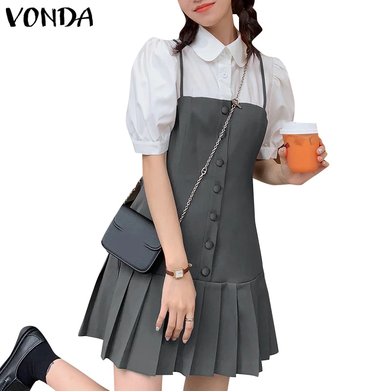 VONDA ผู้หญิงสาวเกาหลีหวานเท็จสองชิ้นปกพัฟแขนจีบชุด