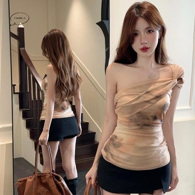 Parade American Retro พิมพ์ตาข่าย Pleats Off-shoulder แขนกุด Slim Camisole สําหรับผู้หญิง TH