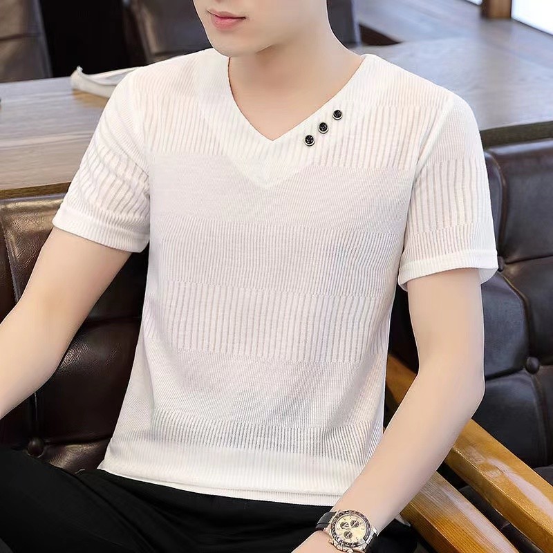 ชายเสื้อยืดแขนสั้นคอวีผ้าไหมเย็นฤดูร้อนทรงเข้ารูปลายแจ็คการ์ดสีพื้นสำหรับวัยรุ่นและผู้ใหญ่คอหัวใจพีชทันสมัย