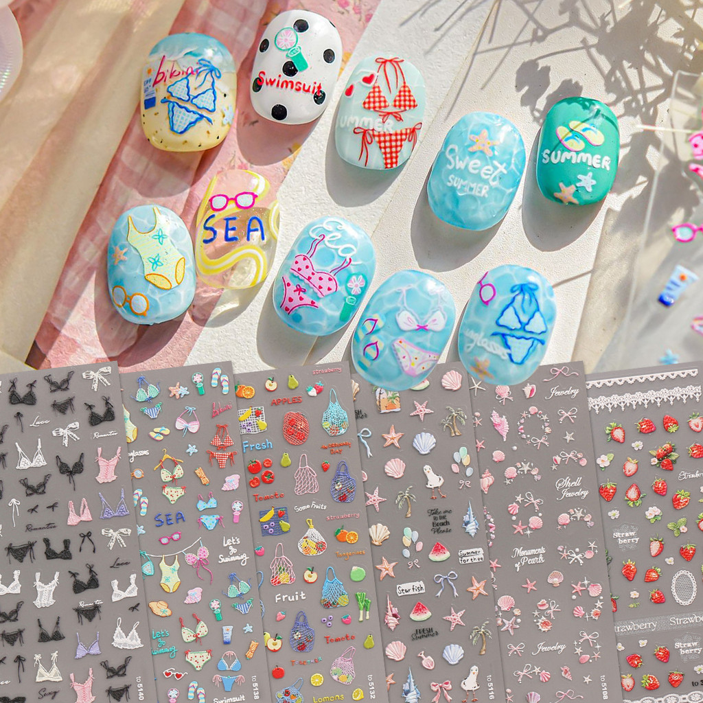 HAMA เล็บนูนสติกเกอร์เล็บขายส่งฤดูร้อน Ocean Beach Shells ผลไม้สตรอเบอร์รี่ Apple เด็กตกแต่งเล็บสติกเกอร์ Decals