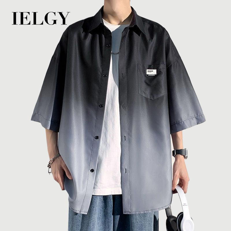 IELGY เสื้อเชิ้ตแขนสั้นไล่โทนสีผู้ชายฤดูร้อนสไตล์ใหม่ซอกคู่สวมใส่