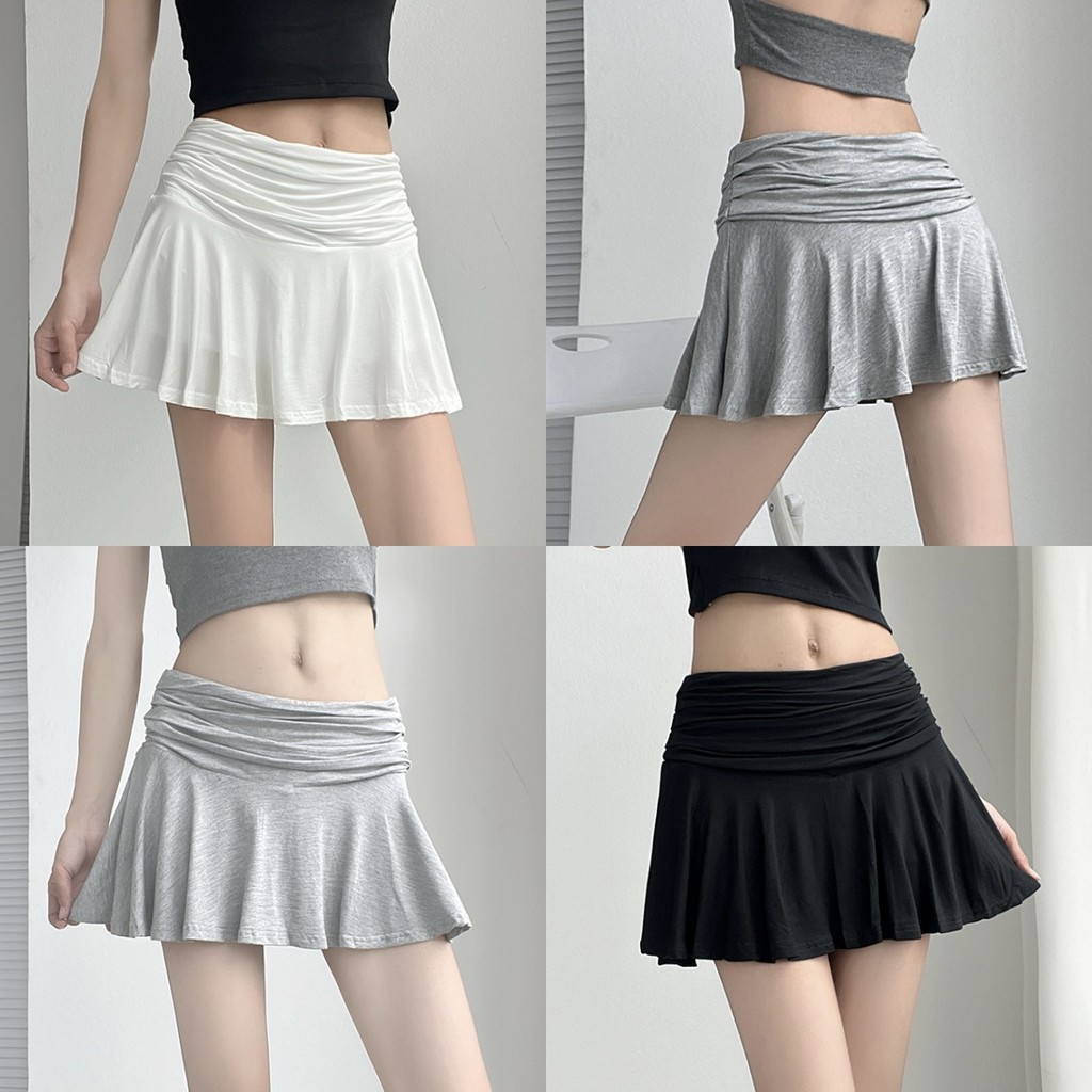 Soroh กระโปรงสั้น ซับใน เอวสูง สีพื้น จีบเล็ก ผ้าใส่สบาย กระโปรงยืด สไตล์มินิมอล ทันสมัย #FY2819