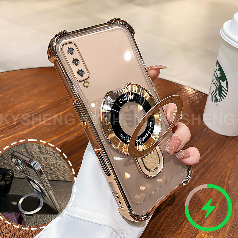 SAMSUNG สําหรับSamsung A50 A50S A30S A70 A750 A7 2018 เคสโทรศัพท์ใหม่แม่เหล็กชาร์จวงเล็บสี่มุมAnti Dropโปร่งใสSoft shell 001