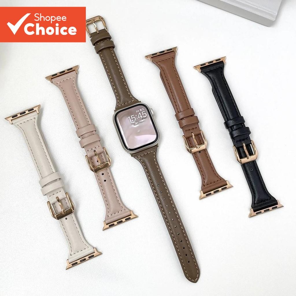 สายหนังแท้บางสําหรับ Apple Watch - สายรัดปรับได้ Compatible Series 4-9/SE/Ultra 38-49 มม.