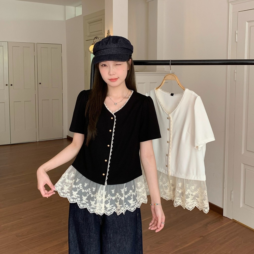ฤดูร้อนใหม่ เสื้อเบลาส์ลูกไม้แพทช์เวิร์คขนาดใหญ่ที่สง่างาม หวานและหลากหลาย