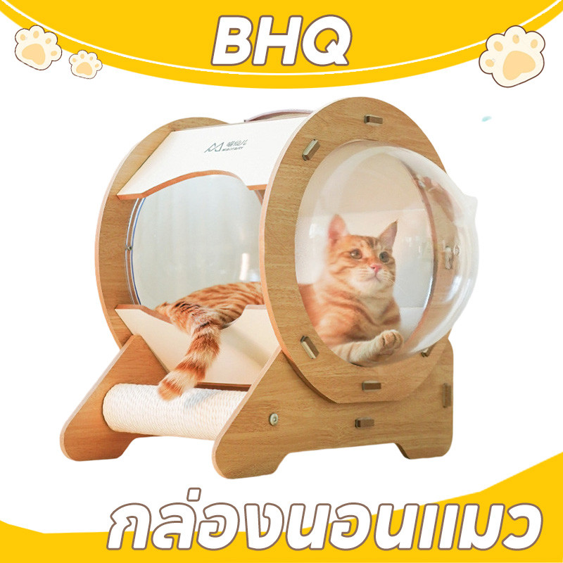 BHQ กล่องนอนแมว บ้านแมว ที่นอนอวกาศ รูปร่างแคปซูล หรูหรา มีหลุมนอน ถอดออกได้ งานไม้แข็งแรง