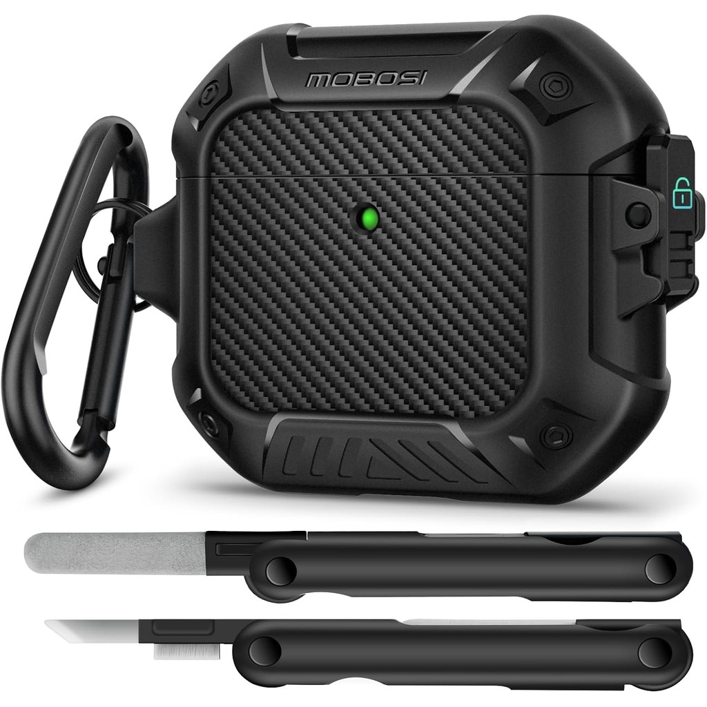 MOBOSI สําหรับเคส AirPods 4 พร้อมชุดทําความสะอาด ใช้ได้กับเคส AirPods 4th Generation (2024) พร้อมตัวล็อคที่ปลอดภัยและพวงกุญแจป้องกันการตกอันทรงพลังกันกระแทก Ha