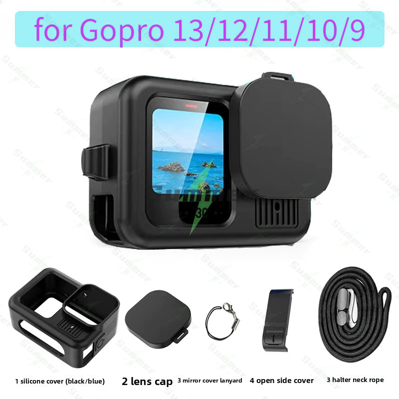 Summer เคสซิลิโคนสำหรับ Go Pro Hero 13/12/11/10/ 9 ฝาครอบแบตเตอรี่ ฝาปิดหน้าจอ ฝาปิดเลนส์ สายคล้องสำหรับกล้องแอคชั่น