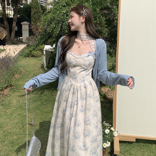 Setelan Long Dress Suspender Manis + Cardigan || Dress Bunga Motif Retro Prancis Ukuran Besar Tren Mode Temperamen - G067