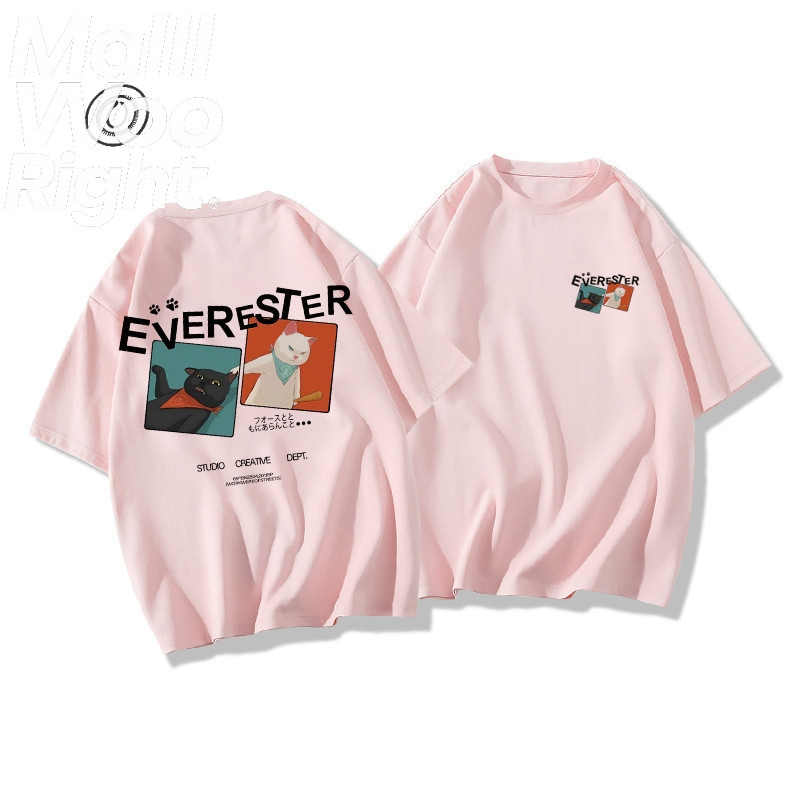 (จัดส่งตลอด 24 ชั่วโมง)Woo Right EVERESTER Cotton 100% เสื้อคอฟิต Oversized เสื้อเด็กผู้ชาย Family Cat ขาว ดำ / Kexp