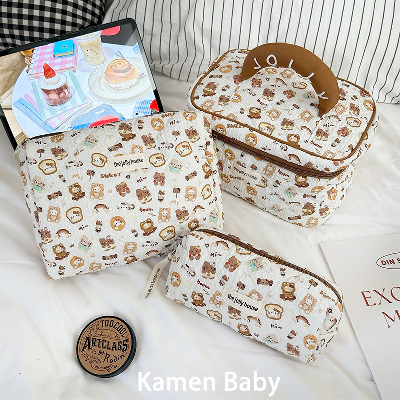กระเป๋าเครื่องสําอางน่ารัก โกโก้ คิตตี้ แบบพกพาขนาดใหญ่-ความจุเดินทางแบบพกพาแป้งกระเป๋าเครื่องสําอางแปรงถุงเก็บ