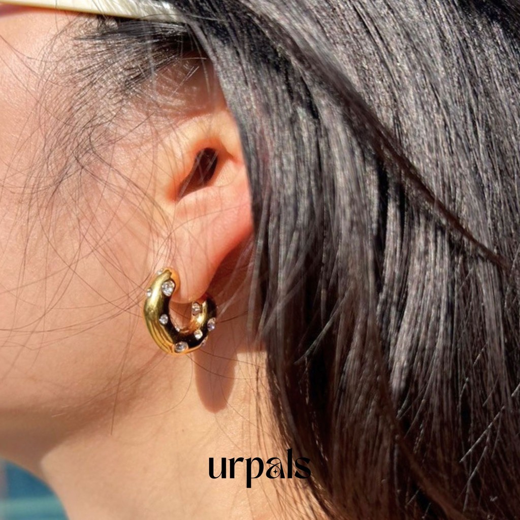 URPALS ต่างหู งาน Stainless ชุบทอง18K ฝังเพชร CZ หลุดยาก ทนน้ำ ทนเหงื่อได้ดี - รูปที่ 3