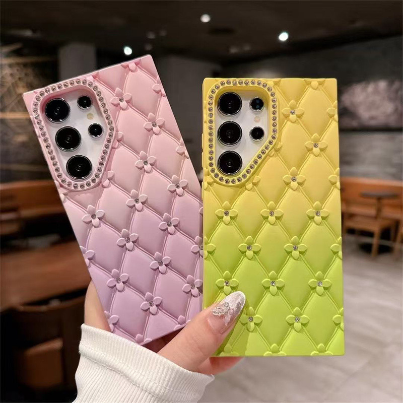 Gradient สองสี Rhombus 3D ดอกไม้สําหรับ Samsung A16 A26 S23 S24 FE S25 Ultra Edge S25 Plus เพชรเลนส์กรอบปลอกซิลิโคนอ่อนนุ่มกันกระแทกป้องกันปกหลัง