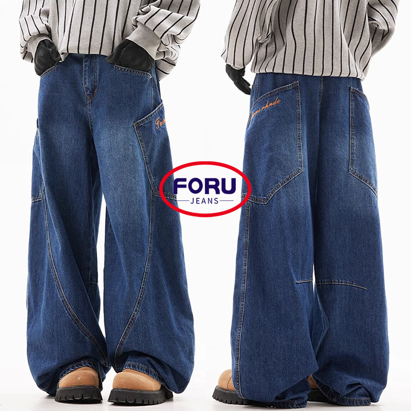 ForU Navy Blue Baggy กางเกงยีนส์ Big Pocket Cargo Baggy กางเกงผู้ชาย Jnco Baggy กางเกงยีนส์ Denim กา