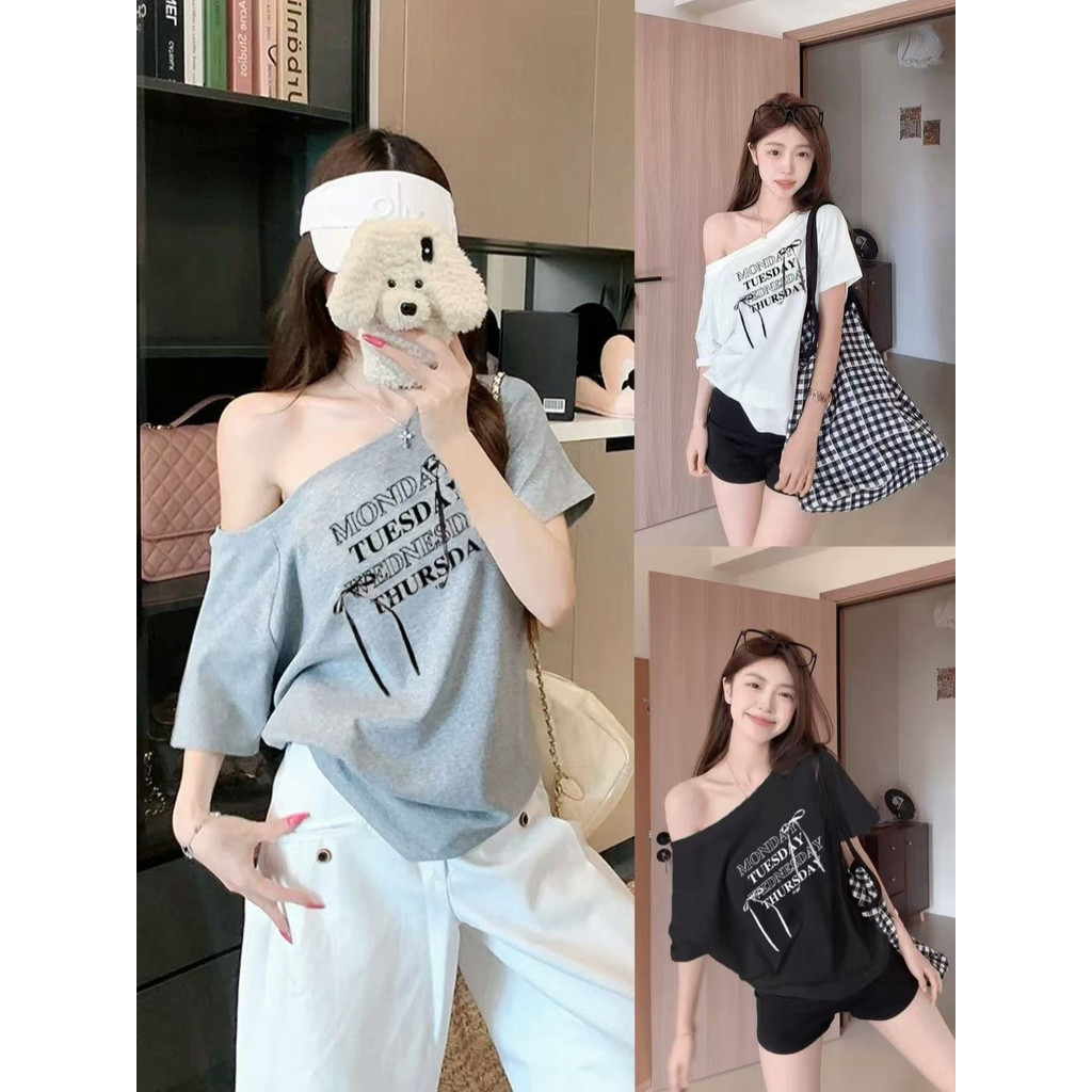 พร้อมส่ง เสื้อปาดไหล่ เสื้อยืดผู้หญิง ทรงหลวม เข้ากับทุกสไตล์ได้  โบว์ พิมพ์ลาย มีสีให้เลือกมากมาย Velca