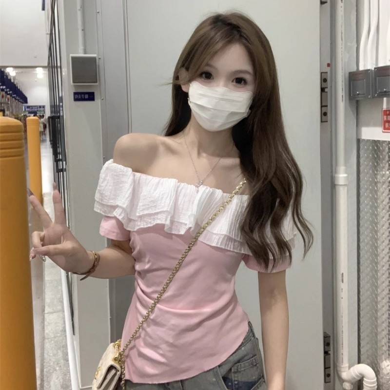 Mini shop🌸พร้อมส่ง🌸(56513) เสื้อไหมพรม เสื้อแฟชั่น แขนสั้น เข้ารูป เปิดไหล่ระบายสีพาสเทล - รูปที่ 7