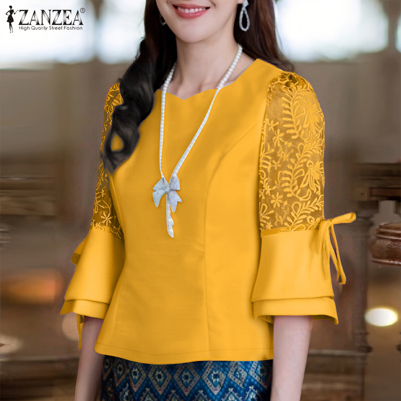 ZANZEA ผู้หญิงเกาหลีที่เงียบสงบหรูหรา Sweetheart Collar Flare Sleeve ลูกไม้โครเชต์ สปไลซิ่งเสื้อ — صورة 5