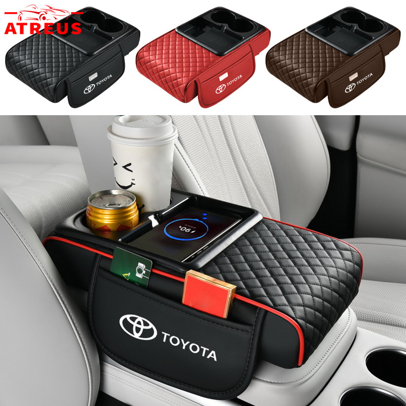Toyota 6in1 คอนโซลกลางเบาะที่เท้าแขน ที่เก็บของข้างยนต์ด้วยการชาร์จแบบไร้สาย ที่เท้าแขนรถกล่องเก็บคอ