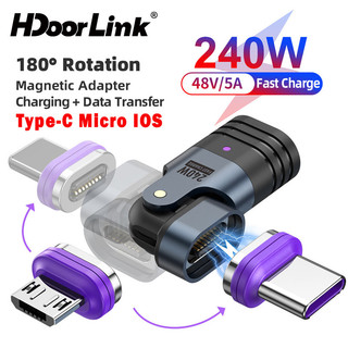 HdoorLink 240W USB C อะแดปเตอร์ชาร์จแม่เหล็ก 16Pin USB C เป็นตัวแปลงข้อมูล Type C ข้อศอก 180° อะแดปเตอร์ชาร์จเร็ว Micro USB IOS แบบหมุนได้