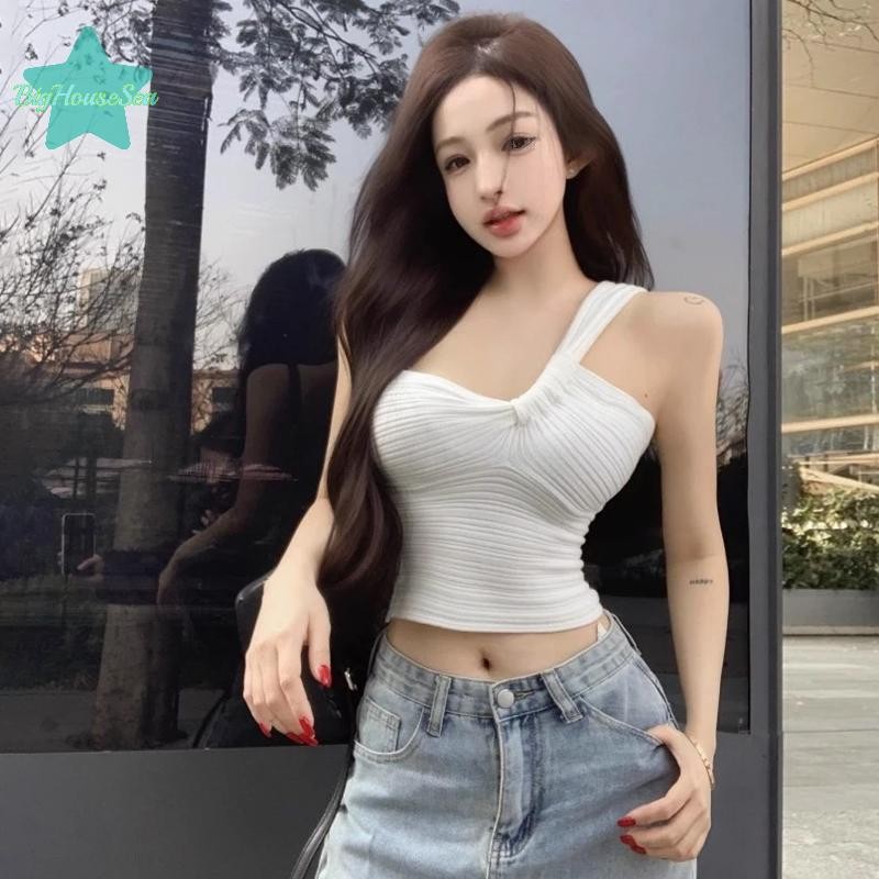 [BigHouseSea] ฤดูร้อนเซ็กซี่ปิดไหล่ถักเสื้อกั๊กผู้หญิง Chic Pleats แขนกุด Slim Crop Top ใหม่