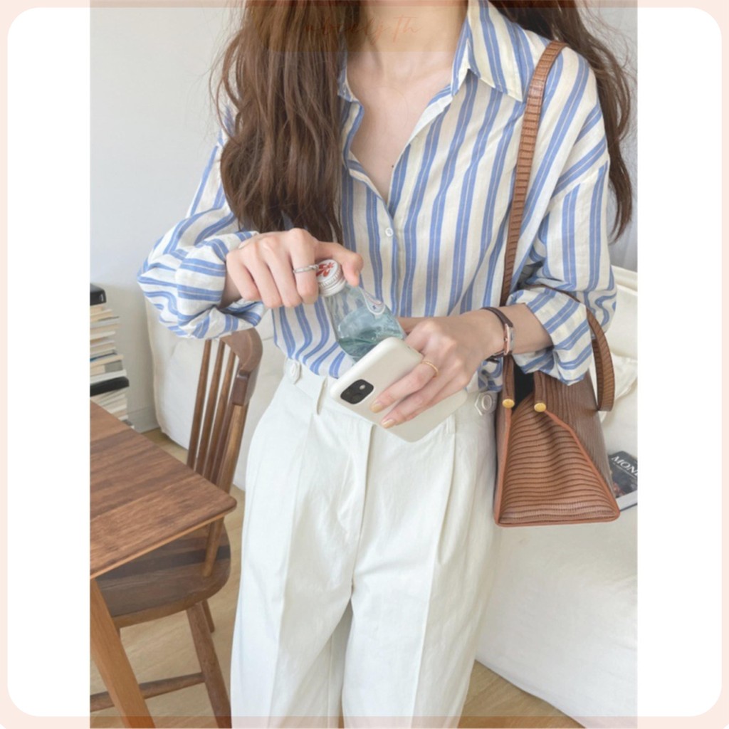 Xiao เสื้อเชิ้ตแขนยาว คอปกโปโล ผ้าชีฟอง ลายทาง สีฟ้า สีขาว สไตล์เกาหลี สําหรับผู้หญิง 6SNB