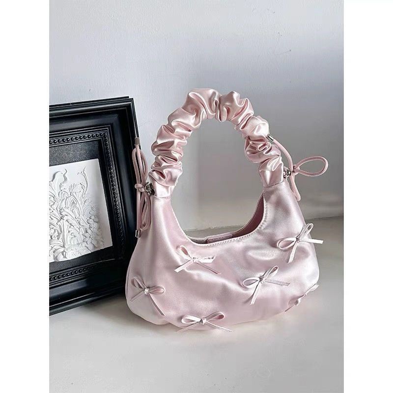 Ins Niche กระเป๋าสะพายจีบโบว์สีชมพู Cloud PU Underarm Bag Commuter All-Match