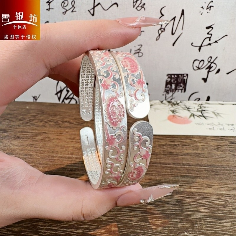 ฮ่องกง เจิ้งเฉิง เครื่องประดับเคลือบที่มีสีสันดอกโบตั๋นสีชมพูสร้อยข้อมือเงินแท้เงินแท้ 999.9 สไตล์จีนใหม่สไตล์จีนทุกการแข่งขันเครื่องประดับแฟนของขวัญวัน