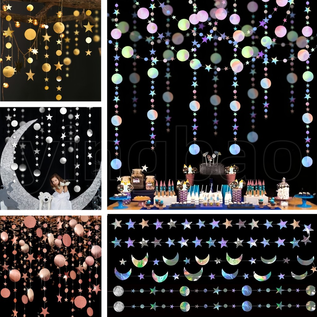 4 เมตรกระดาษ Star Rotundity แบนเนอร์ธงพื้นหลังผนังออกแบบ Glitter Star Theme วันเกิด Christening Party Decor