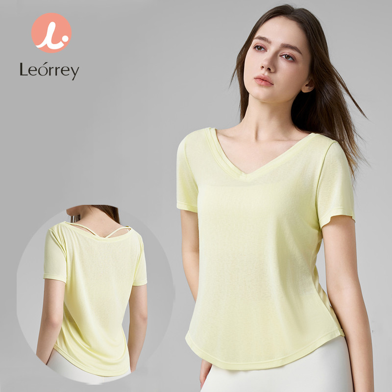 Leorrey-เสื้อยืดกีฬาคอวี 2 ชั้น เส้นใยรีไซเคิล ทรงหลวม โยคะ แขนสั้น – โปรปัง