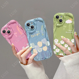 แฟชั่นภาพวาดสีน้ำมันน่ารักดอกทิวลิปดอกไม้ 3D คลื่นโค้งขอบกรณี เคสไอโฟน iPhone11 16 15 14 12 13 Pro Max X 7 8 Plus XR XS