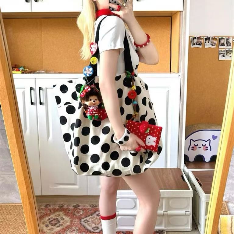 กระเป๋าผ้าใบเกาหลี Simple สีดําและสีขาว Polka Dot พิมพ์แฟชั่นเปิดกระเป๋าช้อปปิ้งความจุขนาดใหญ่กระเป๋าสะพายมือถือ