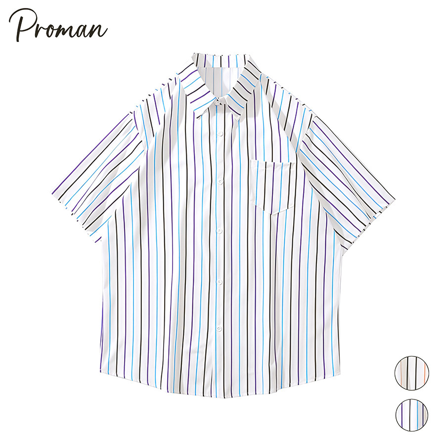 ⚡ProMan⚡เสื้อเชิ้ตสีสำหรับผู้ชาย  ลายเส้นแนวตั้ง  สไตล์ฮ่องกง  เสื้อมีกระเป๋า  แบบหลวม