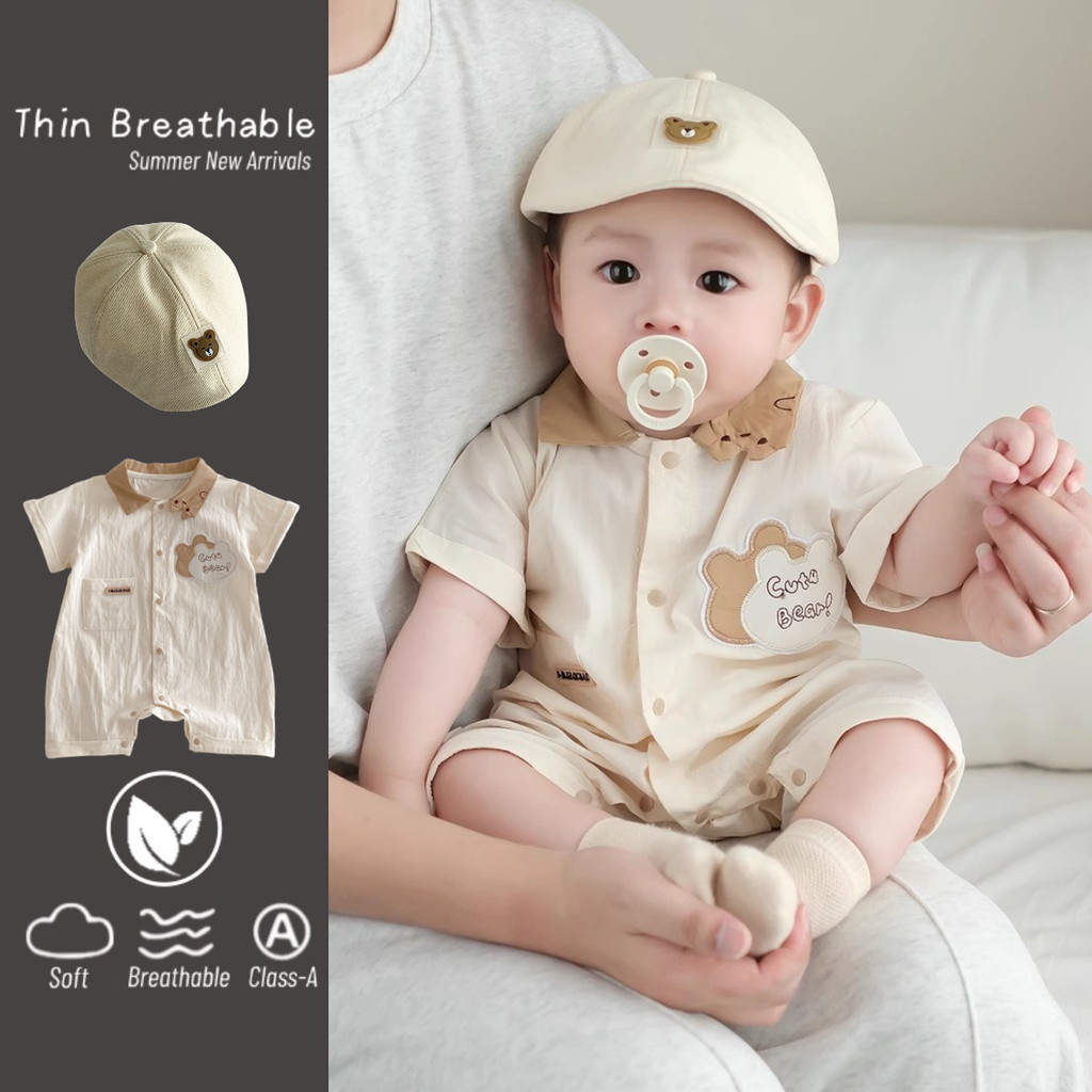ฤดูร้อนใหม่เสื้อผ้าเด็กชายโปโลบอดี้สูทแขนสั้น 0-28 เดือนผ้าฝ้ายแท้สุภาพบุรุษปักหมี ชุดรอมเปอร์ ออกไป