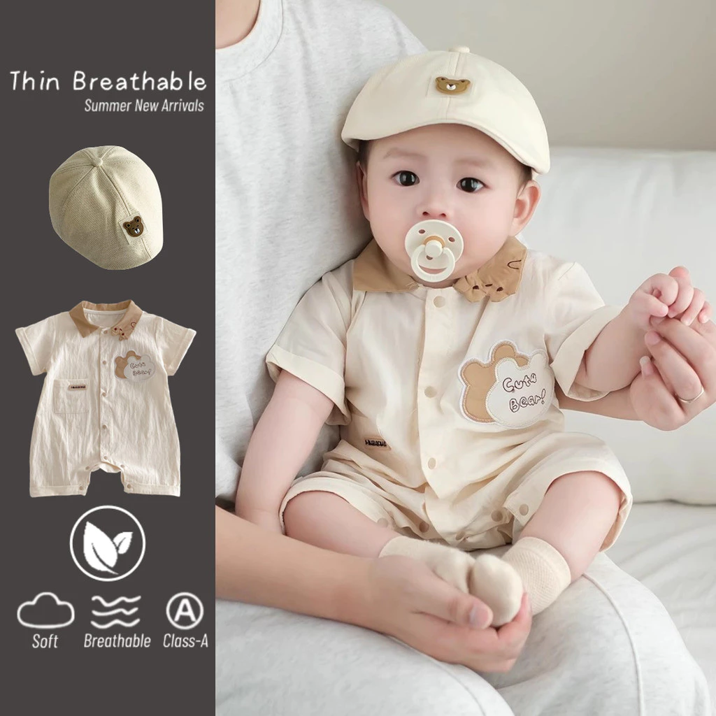 ฤดูร้อนใหม่เสื้อผ้าเด็กชายโปโลบอดี้สูทแขนสั้น 0-28 เดือนผ้าฝ้ายแท้สุภาพบุรุษปักหมี ชุดรอมเปอร์ ออกไป