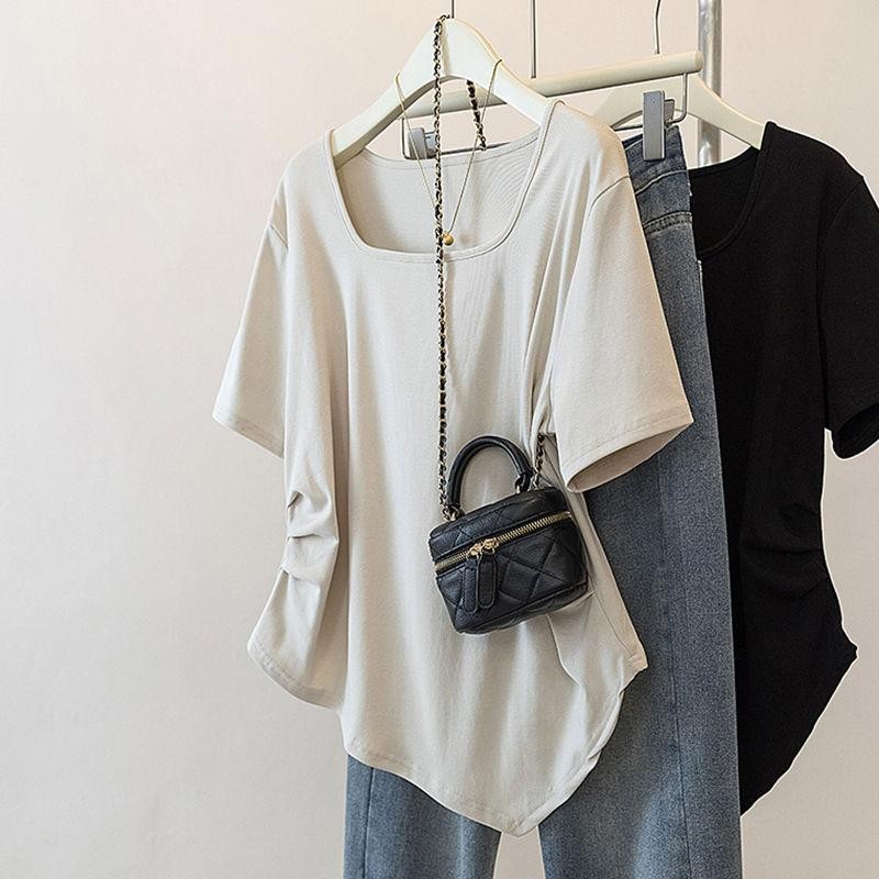 [เสื้อยืด ขนาดใหญ่เกินไป] (40-120กิโลกรัม) ผู้หญิงฤดูร้อนหลวมไม่สม่ําเสมอ มิ้ม ธรรมดาแขนสั้นบางสแควร์คอกลางความยาวด้านบนขนาดบวก เสื้อยืด