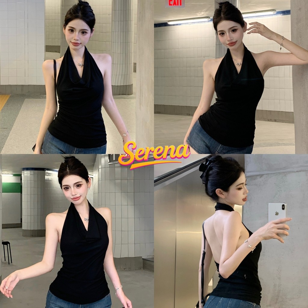 Serena-เสื้อกล้าม สีพื้น คล้องคอ โชว์หลัง ผ้านุ่ม เข้ารูป เสื้อครอป เกรซ สไตล์มินิมอล สวยๆ
