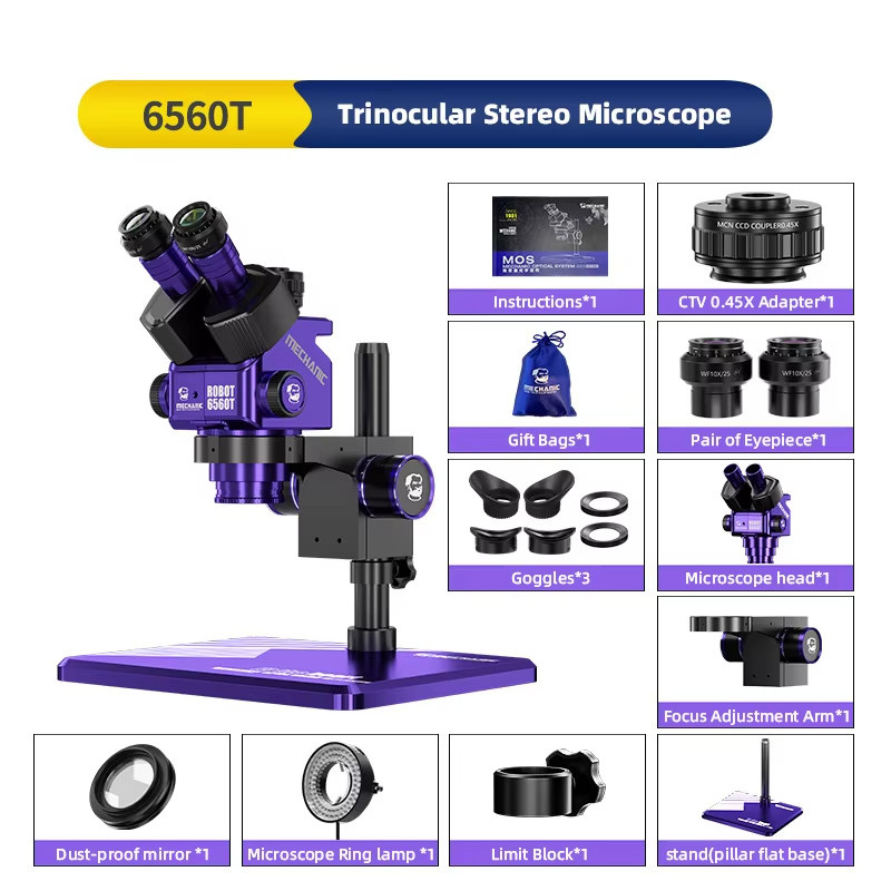 MECHANIC ROBOT 6560T-B11 กล้องจุลทรรศน์อุตสาหกรรมสเตอริโอ Trinocular 6.5-60X ซูมต่อเนื่อง WF10X25 สําหรับโทรศัพท์ PCB ซ่อมชุดเครื่องมือ