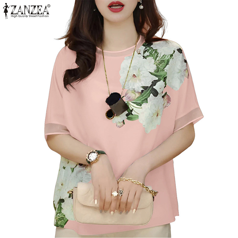 ZANZEA ใส่ ซานเซีย ผู้หญิงเกาหลีวินเทจที่สง่างาม แร็กแลน แขนตาข่ายประกบดอกไม้พิมพ์เสื้อ