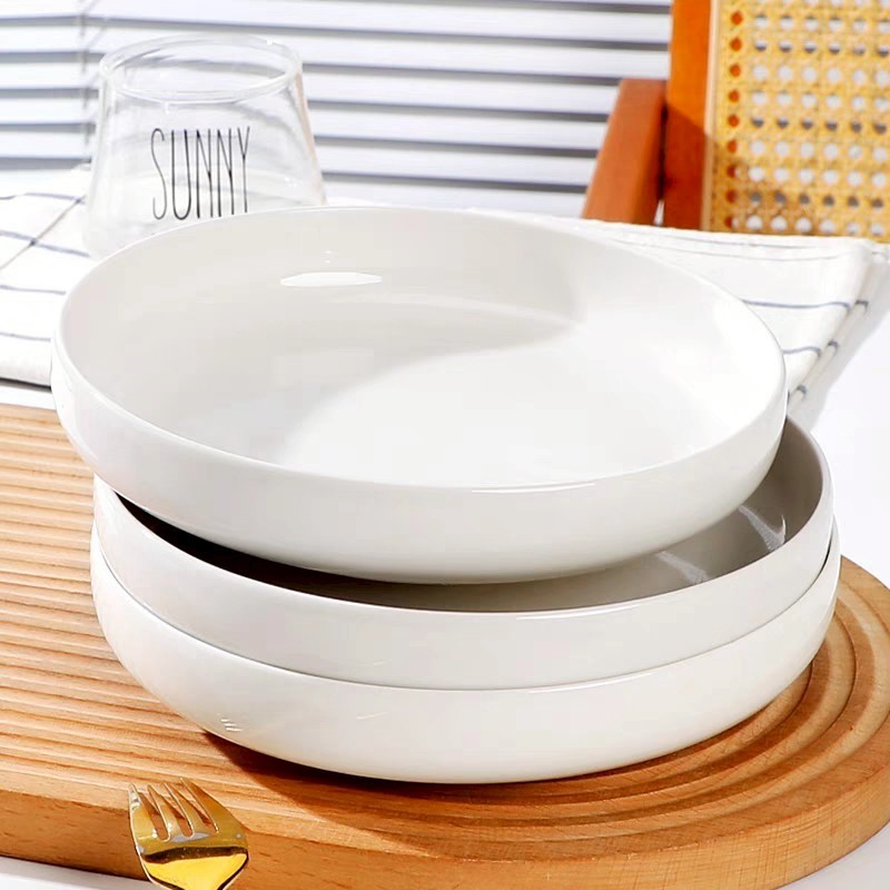 จานขอบสูง จานเซรามิกสีขาว เนื้อหนา สามารถเข้าไมโครเวฟได้ ขนาด 8นิ้ว