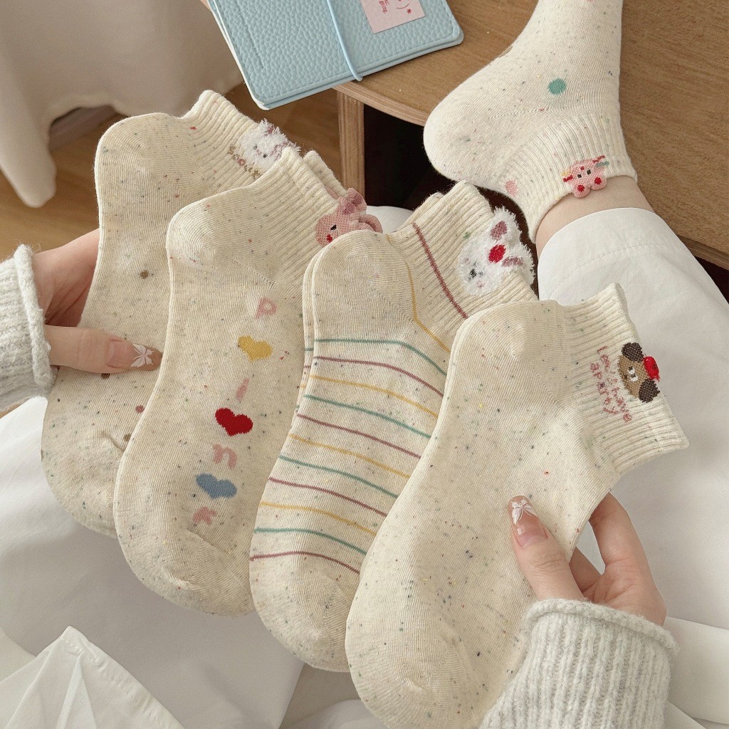 SY SHOP899 ถุงเท้าข้อสั้น (5สี/10คู่) ถุงเท้าแฟชั่น เนื้อผ้านุ่ม ลายCAT+DOG NO.B124